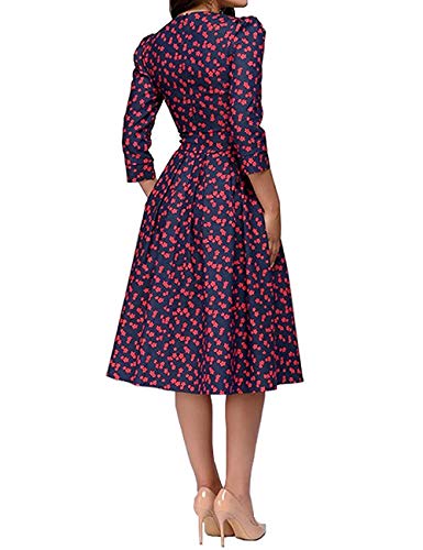 Cóctel Floral para Mujer de los años 50 Vestidos Retro Vintage Vestido de Noche Midi Elegante 3/4 Mangas