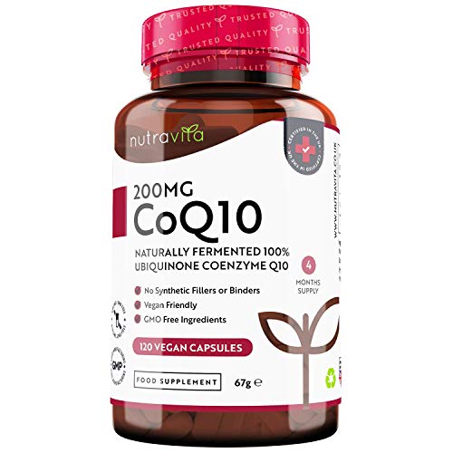 Coenzima Q10 200 mg - 100% Pura Fermentada Naturalmente - 120 Cápsulas Veganas de CoQ10 de Alta Potencia - Suministro para 4 Meses - Producto Elaborado en el Reino Unido por Nutravita