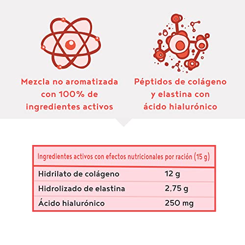 Colágeno con elastina marina y ácido hialurónico - Péptidos de hidrolizado de colágeno de tipo I, II y III - Sin aditivos - Sin sabor - 450 g en polvo