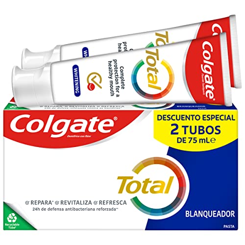 Colgate Total Blanqueador, Pasta de Dientes Blanqueante con Ingredientes Antibacterianos, Pack 2 Uds x 75 ml