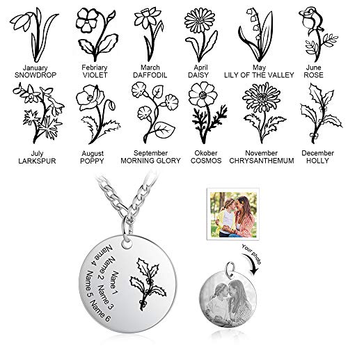 Collar de Foto Personalizado con Flor de Nacimiento y Collar con Grabado de 6 Nombres Regalo Familiar Madre Para el día de La Madre Cumpleaños Navidad