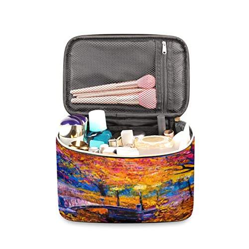 Colorido otoño otoño árbol pintura cuero maquillaje bolsa grande viaje cosmética bolsa organizador de maquillaje con cremallera para niñas mujeres