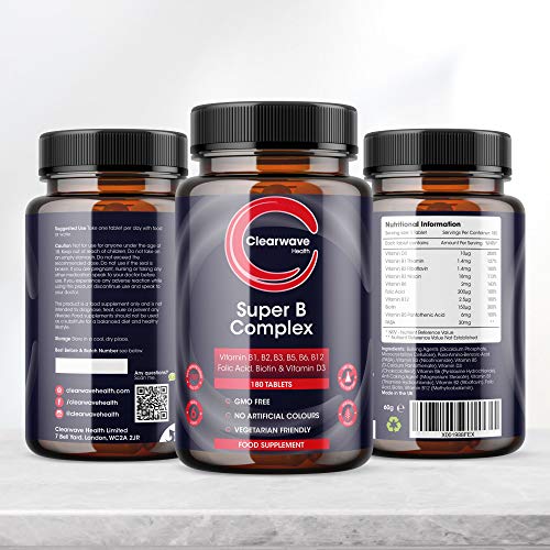 Complejo de Vitamina B - 8 Vitaminas B: B1, B2, B3, B5, B6, B12, Biotina, Ácido Fólico y Vitamina D3 - Suministro para 6 meses - Clearwave Health