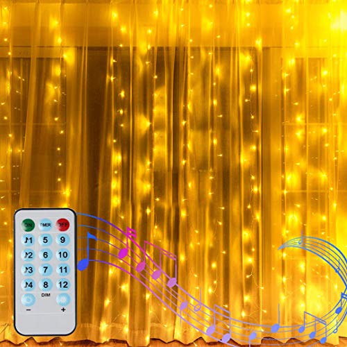 Cortina de luces de 2 m x 2 m, funciona con pilas, color blanco cálido, mando a distancia, sonido activado, sincronización de música