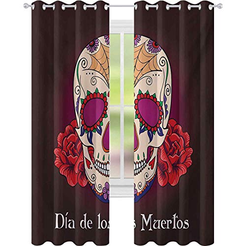 Cortinas de ventana, Dia de Los Muertos Cita Española Cráneo Muerto Cabeza Esqueleto Vivo Impresión, W52 x L108 Cortinas de la Ventana para Sala, Ciruela Rojo Crema