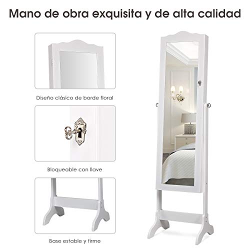 COSTWAY Armario para Joyas Espejo Joyero con 14 Luces LED Espejo de Cuerpo Entero con Cerradura Gabinete de Joyería de Pie Organizador para Anillos Cadena y Pendientes (Blanco)