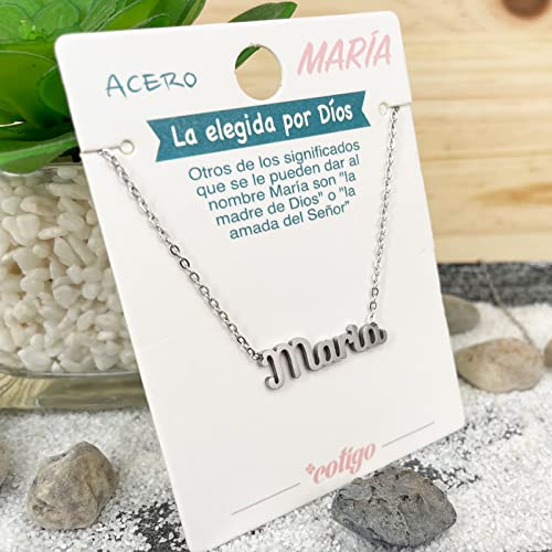 Cotigo Collar Nombre Acero-Incluye Tarjeta con Significado Hermoso -Colgante Nombre Plateado o Dorado-Regalos Personalizados para Mujer-Cumpleaño-Navidad-Día de madre-San valentín (María-Plateado)