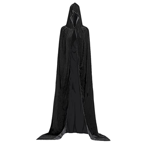 cotigo Larga Capa de Vampiro Diablo de Terciopelo con Capucha para Disfraz de Fiesta Halloween y Carnaval,Talla Unica,para Adulto Mujeres Hombres (Negra)