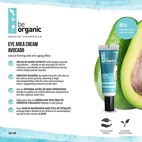Crema contorno de los ojos de aguacate de Be Organic, 30 ml, reafirmante natural y efecto antienvejecimiento, 98 % ingredientes de origen natural. Vegana, hipoalergénica.