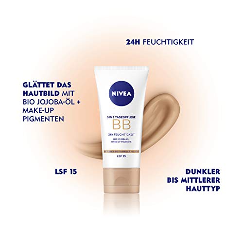 Crema de día 5 en 1 de Nivea, BB 24h, hidratante, de piel media a oscura, 50 ml