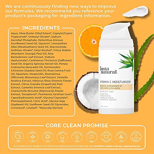 Crema Humectante con Vit C InstaNatural - Loción Antiarrugas y Antiedad para Hombres y Mujeres - Con Ácido Hialurónico y Aceite de Jojoba Orgánico - Para Pieles Secas, Sensibles y Grasas - 100 ml