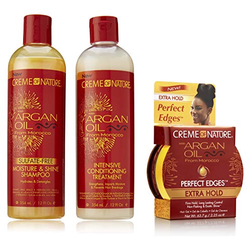 Crème of Nature Aceite de argán de Marruecos Champú y acondicionador Set 12 oz Bundle con Perfect Edges Extra Hold 2.25 oz