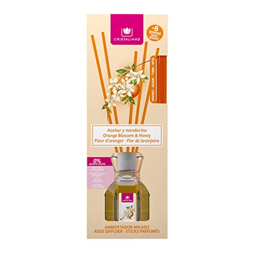 CRISTALINAS. Ambientador Mikado Clásico. Difusor con Varillas de ratán. Formula sin Alcohol. Máxima duración, hasta 8 semanas. Aroma Azahar (40ml)