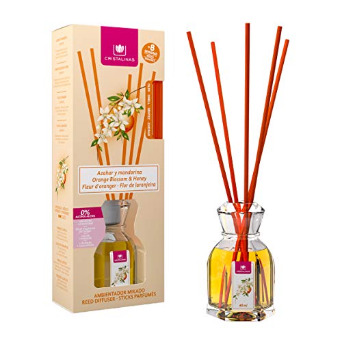 CRISTALINAS. Ambientador Mikado Clásico. Difusor con Varillas de ratán. Formula sin Alcohol. Máxima duración, hasta 8 semanas. Aroma Azahar (40ml)