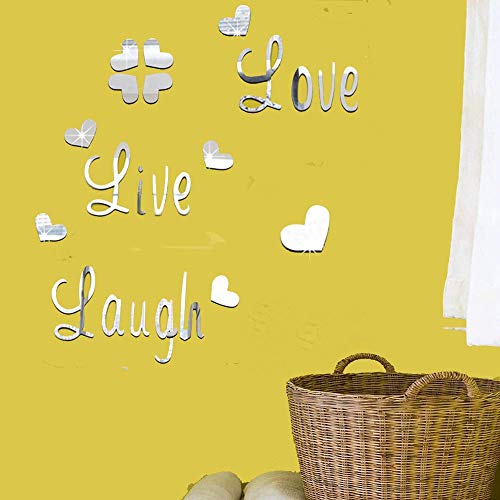 CUNYA Pegatinas de pared con espejo acrílico 3D, DIY Love Live Laugh Letras y mariposas compuestas arte de pared para decoración del hogar para sala de estar, dormitorio, baño (plata)