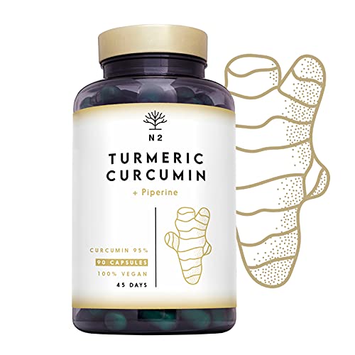 Cúrcuma en cápsulas con Pimienta Negra. Curcumina con Piperina 760 mg la más potente Turmeric, Antiinflamatorio natural, antioxidantes potentes. 90 Cápsulas. Certificado Vegano.N2 Natural Nutrition