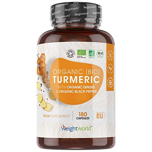 Cúrcuma Orgánica de 1440 mg con Jengibre y Pimienta Negra 180 Cápsulas Veganas - Cúrcuma en Cápsulas Natural Alta Resistencia y Absorción Fuente de Curcumina y Piperina, Ingredientes de Origen Natural