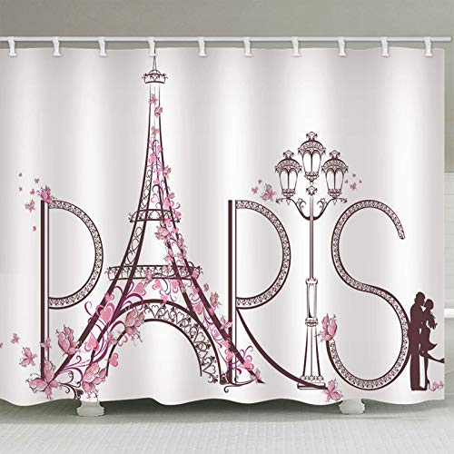 Daesar Cortina Ducha 120 x 180,Torre con Paris y Mariposas Cortinas Ducha Poliester Blanco Rosa Anillas para Cortinas de Baño