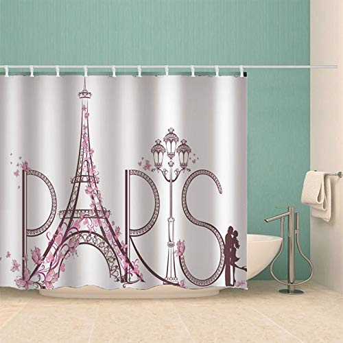 Daesar Cortina Ducha 120 x 180,Torre con Paris y Mariposas Cortinas Ducha Poliester Blanco Rosa Anillas para Cortinas de Baño