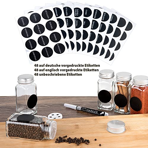 Deco Haus Juego 24 Tarros Especias con Tapa Rosca - Etiquetas, Embudo, Cepillo, Marcador - Va con Nuestros Estantes para Condimentos - Almacenamiento y Dispensador Vidrio Transparente 120ml 10.5x4.3cm