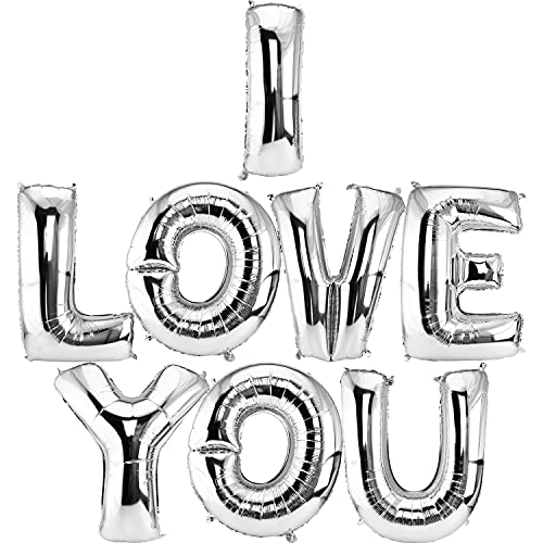 DekoRex® "I Love You te Amo Letras Globos Papel Brillante Decoración para Aire Hoja 40cm en Plata