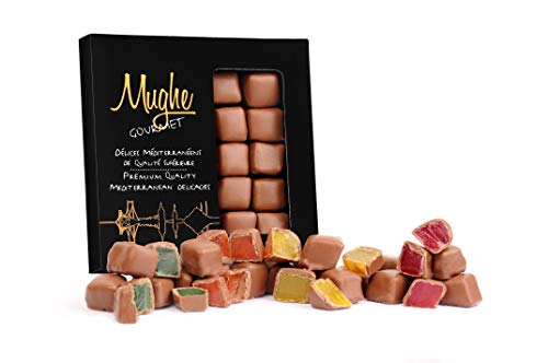 Delicias turcas con sabor a rosa, menta, naranja y fresa cubierto con chocolate en caja de regalo, lata, 300 g, 25 piezas, MUGHE GOURMET