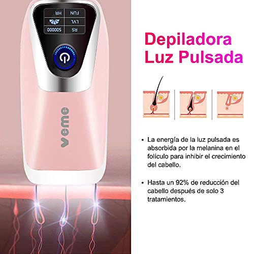 Depiladora de Luz Pulsada para Mujeres Maquina Depilacion Laser Permanente sin Dolor Uso Doméstico para Cara, Axilas, Brazos, Pecho, Espalda, Línea de Bikini y Piernas