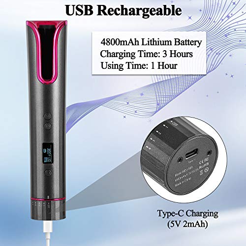 DFGOTOP Rizador Pelo Automático Inalámbrico Portátil con Temporizador Temperatura Ajustable,Recargable Rizador de Cabello USB con Pantalla LCD,Rizador de Pelo Giratorio Profesional Inteligente