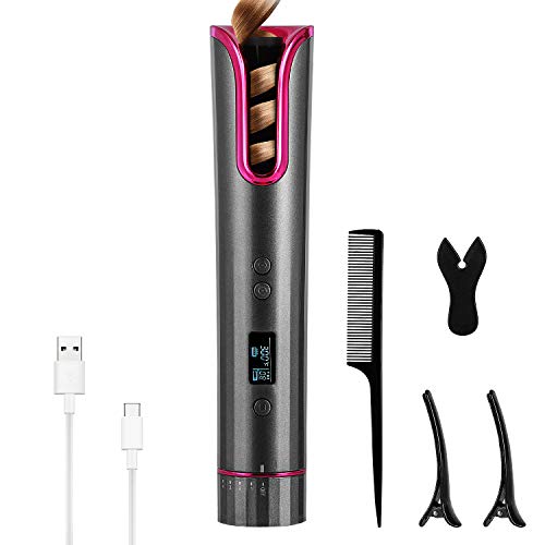 DFGOTOP Rizador Pelo Automático Inalámbrico Portátil con Temporizador Temperatura Ajustable,Recargable Rizador de Cabello USB con Pantalla LCD,Rizador de Pelo Giratorio Profesional Inteligente