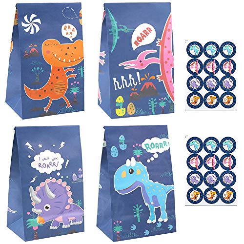 Dinosaur World Bolsa de papel Kraft Bolsa de dulces 24 Bolsas pequeñas de regalo de dinosaurio Imágenes de dibujos animados Rosa Azul Púrpura 0range Bolsa de regalo de cumpleaños para