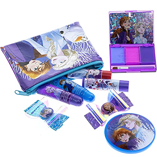 Disney Frozen - Townley Girl Set de maquillaje cosmético para niñas con clips, presión en las uñas, brillo de labios, pegatinas para uñas, bálsamo labial, gemas para uñas y espejo