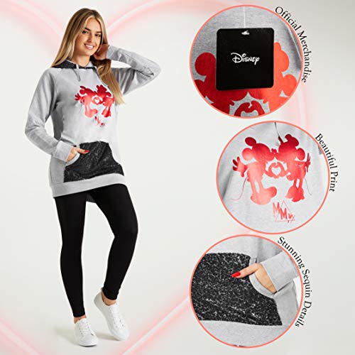 Disney Sudaderas Mujer, Sudadera Mujer con Capucha de Minnie y Mickey Mouse y Lentejuelas, Merchandising Oficial Regalos para Mujer y Adolescente Talla S-XL (Gris, L)