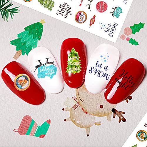 DPKOW navideñas Pegatinas para uñas,3D autoadhesivas pegatinas para uñas navideñas transferencia pegatinas nievecopos,nievemuñecos,pegatinas para Navidad árboles para niñas y mujeres,8 hojas