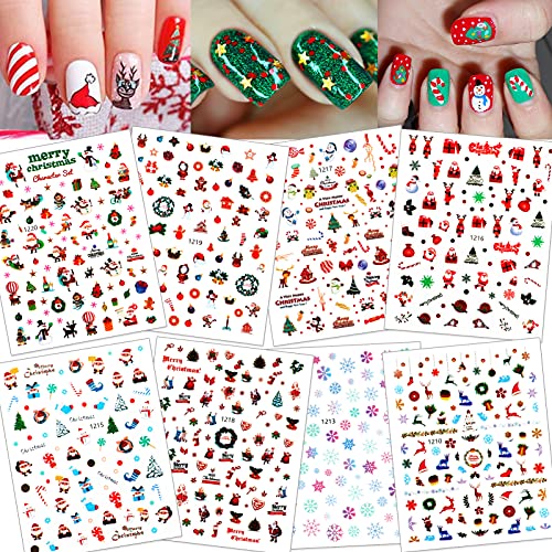 DPKOW navideñas uñas Pegatinas,3D autoadhesivas Noel Muñeco nieve Copos nieve Elk regalo Campanas Calcomanías uñas para mujeres, niñas, niños, manicura,bricolaje o salón de uñas, 8 hojas