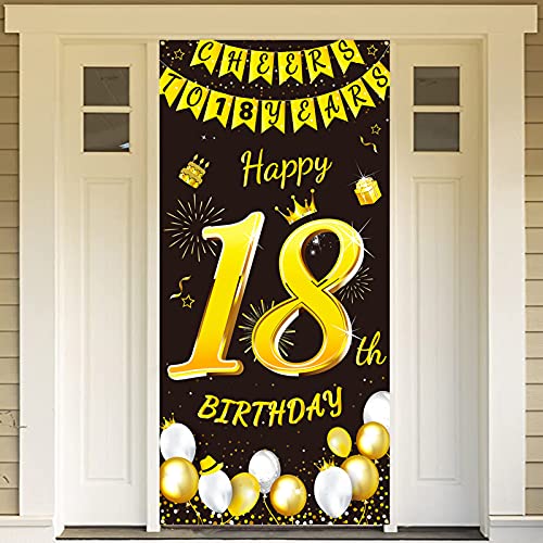 DPKOW Oro Negro 18 Años Cumpleaños Decoración para Chico Chica, Oro Negro Pancarta para 18 Cumpleaños Puerta Fondo Decoración, para 18 Años Cumpleaños Mesa Jardín Decoración, 185 x 90cm