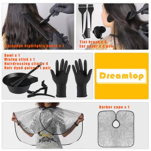 Dreamtop 18 piezas Kit de tinte de pelo teñido Tinting Bowl Tinting Brush Ear Cover Gloves Hair Highlighting Board mezclador de tinte y capa de coloración de cabello para salón y uso en el hogar para