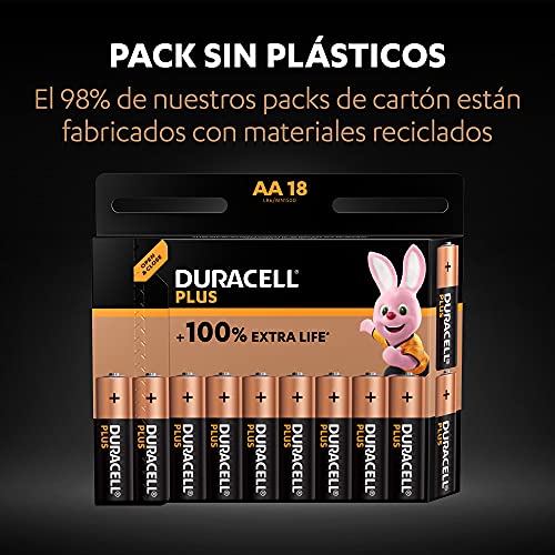 Duracell - Pilas alcalinas Plus AA, 1.5 Voltios LR6 MN1500, paquete de 18
