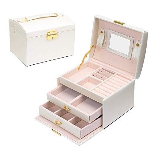 E-MANIS Caja Joyero Caja de Joyas,Estuche Rectangular para Guardar Joyas,Pendientes,Anillos y Collares,Espejo y Cajones,Tapa Elevable para Relojes (Blanco)