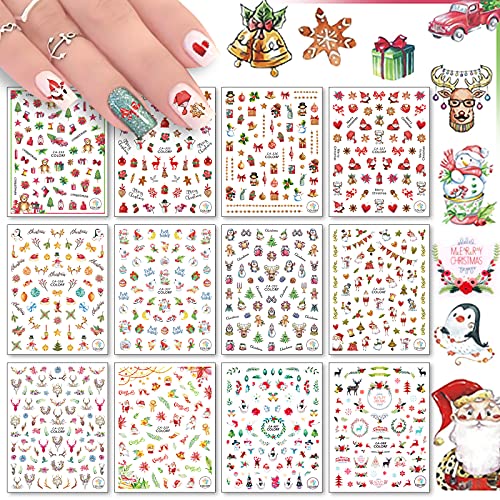 EBANKU 12 hojas Pegatinas para Uñas Navidad, 3D Nail Art Stickers Navidad Etiquetas Autoadhesivas Para Decoraciones De Uñas Navideñas DIY