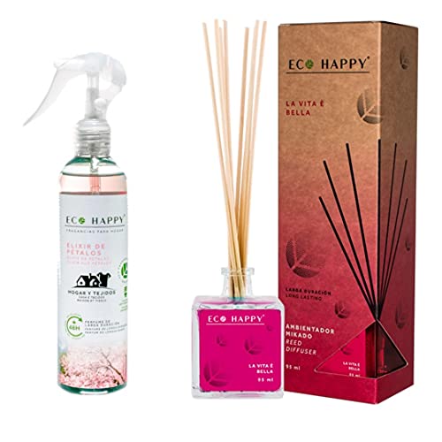 ECO HAPPY Ambientador Mikado. 95ml. más Pulverizador Textil para Hogar 245 ml. Fragancias Frescas y duraderas.… (Elixir de pétalos + Vita è Bella)