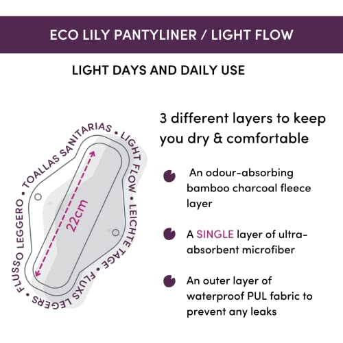 Eco Lily Toallas sanitarias reutilizables con carbón de bambú | Toallas menstruales absorbentes e impermeables lavables para periodos escasos, moderados y abundantes | Incluye bolsa de almacenamiento