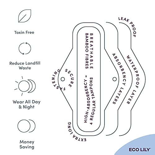 Eco Lily Toallas sanitarias reutilizables con carbón de bambú | Toallas menstruales absorbentes e impermeables lavables para periodos escasos, moderados y abundantes | Incluye bolsa de almacenamiento