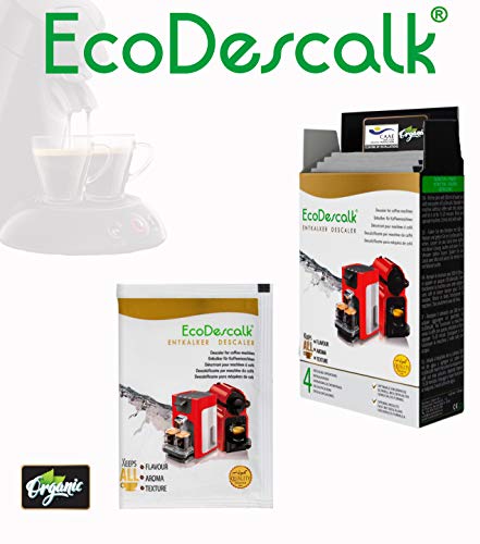 EcoDescalk Ecológico en Polvo, 4 Sobres. Descalcificador 100% Natural. Limpiador para Cafeteras. Todas Las Marcas. 4 Descalcificaciones. Producto CE.