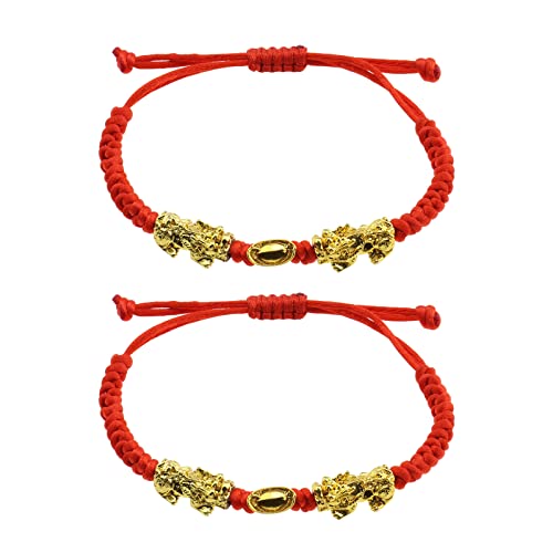 ECSiNG 2 piezas de doble Pi Xiu / Pi Yao Richesse de oro lingot rojo cadena para mujer, hombre o familia, joyas ajustables para atraer riqueza y buena suerte