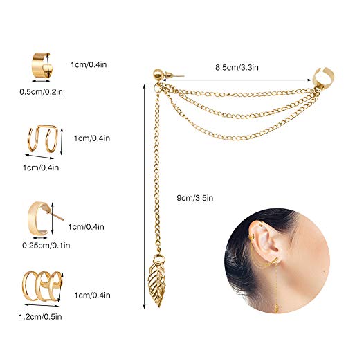 Elegantes aretes punk para mujer, pendientes de borla de cadena de gota de hoja, para niñas, clips plateados y dorados (2 juegos)