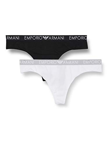 Emporio Armani Underwear Iconic Cotton Ropa Interior Tanga Bi-Pack, Mujer, Blanco/Negro, S