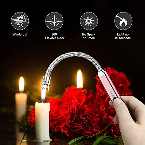 Encendedor de velas, USB recargable de arco eléctrico sin llama de plasma con pantalla LED cuello flexible, multiuso y resistente al viento, oro rosa