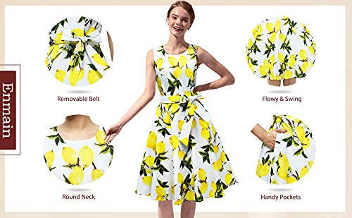 Enmain Vestido Vintage para Mujer Cóctel Años 50 Fiesta Vestido de Retro Sin Mangas Rockabilly Boda Mujeres Elegante Vestidos con Cinturón y Bolsillos Limón Amarillo M