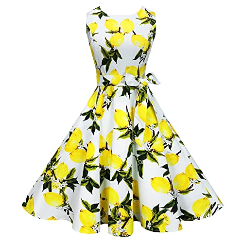 Enmain Vestido Vintage para Mujer Cóctel Años 50 Fiesta Vestido de Retro Sin Mangas Rockabilly Boda Mujeres Elegante Vestidos con Cinturón y Bolsillos Limón Amarillo M