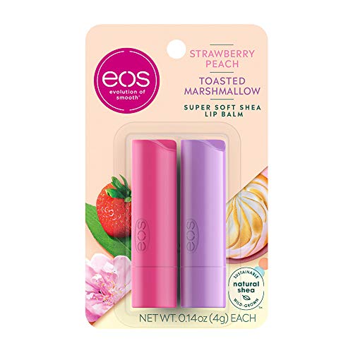 eos Bálsamo labial de karité súper suave – melocotón fresa y malvavisco tostado, hidratación 24 horas, cuidado de labios para hidratar los labios secos, sin gluten, 1.5 onzas, 2 unidades